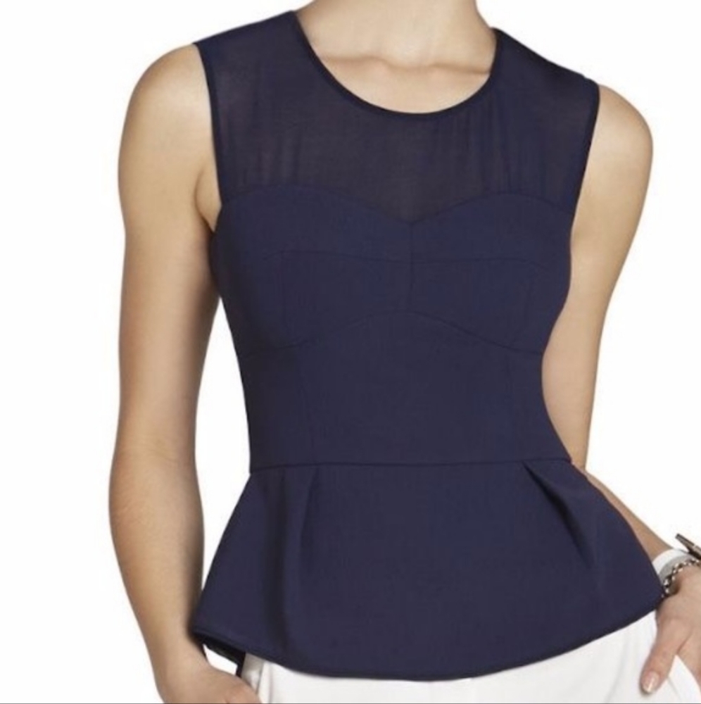 BCBG MaxAzria Navy Blue Mesh Peplum Top